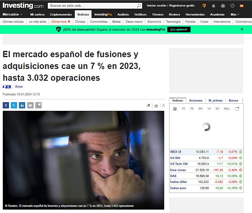 El mercado espaol de fusiones y adquisiciones cae un 7 % en 2023, hasta 3.032 operaciones